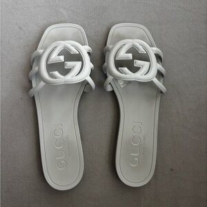 Gucci White Slide Sandals with GG Logo